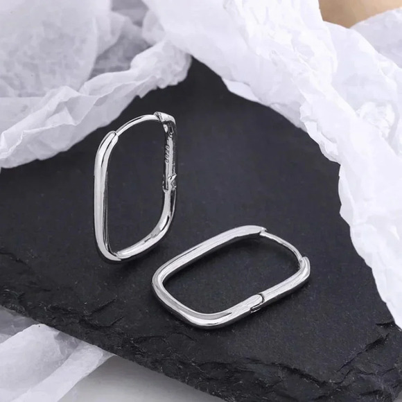 925 Sterling Silver Hoop Huggie Earrings Round Rectangle Hoops Dainty Earrings - Picture 2 of 5